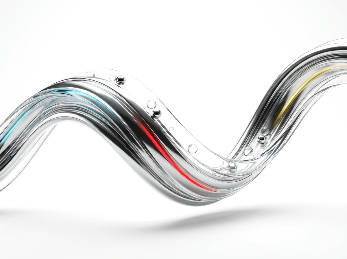 Fließende Welle aus Chrom und Glas mit kleinen Kugeln im Strom, Sinnbild für Social-Media-Dynamik