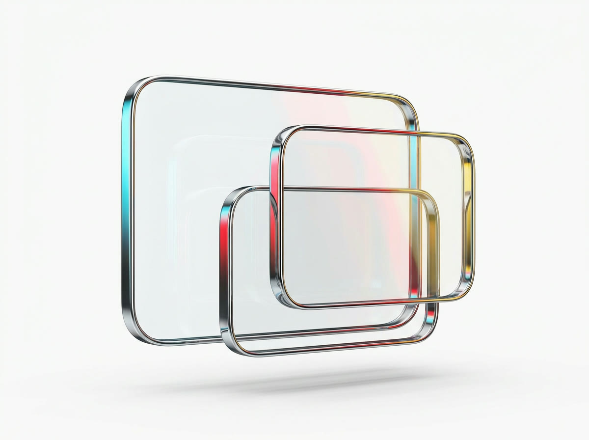 Drei gestaffelte Glas-Panels mit Chromrahmen schweben wie Interface-Fenster über weißer Studiofläche, Sinnbild für modernes Webdesign